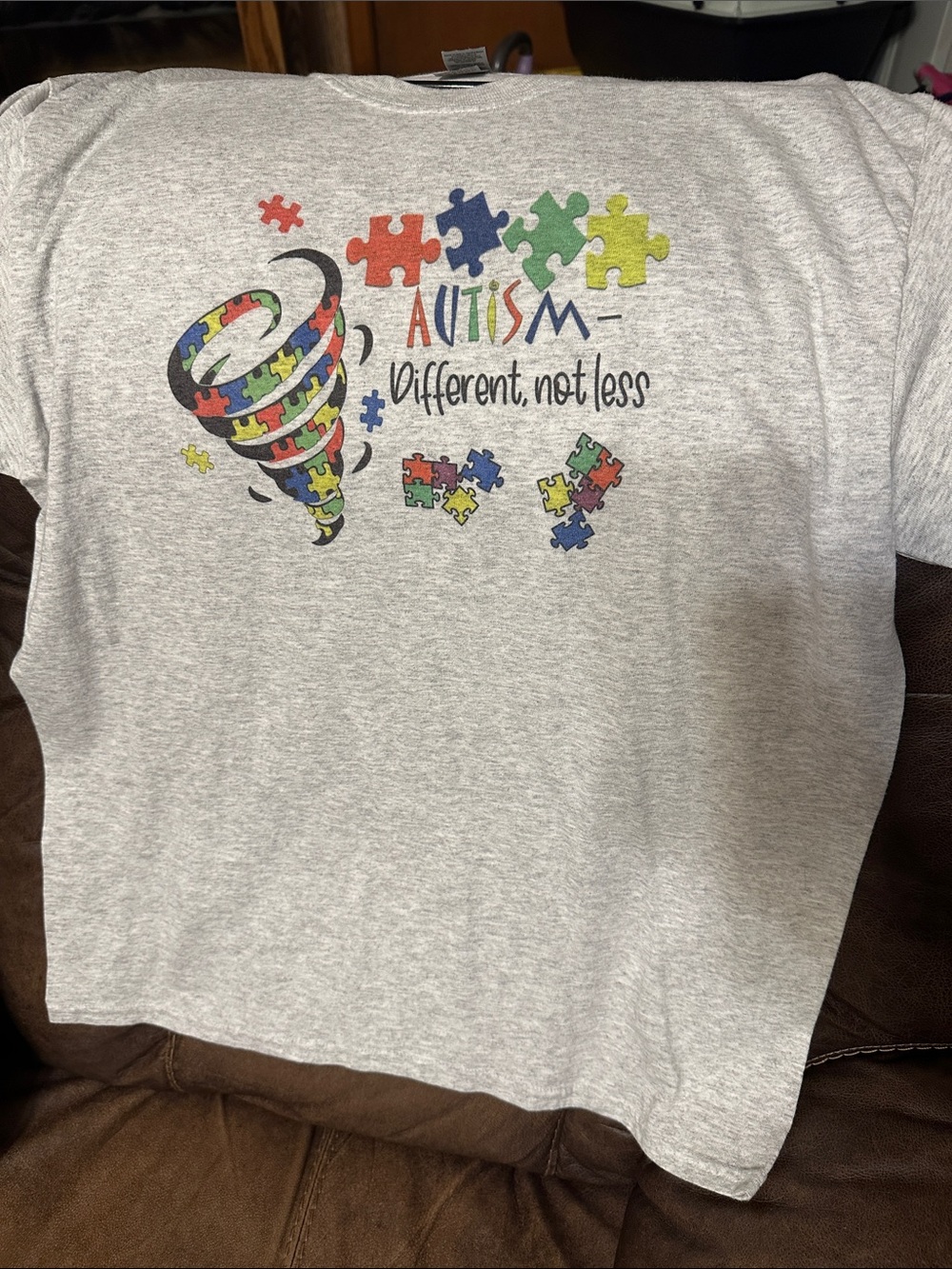 Gildan Gray T-Shirt with Multicolor Puzzle Autism Design